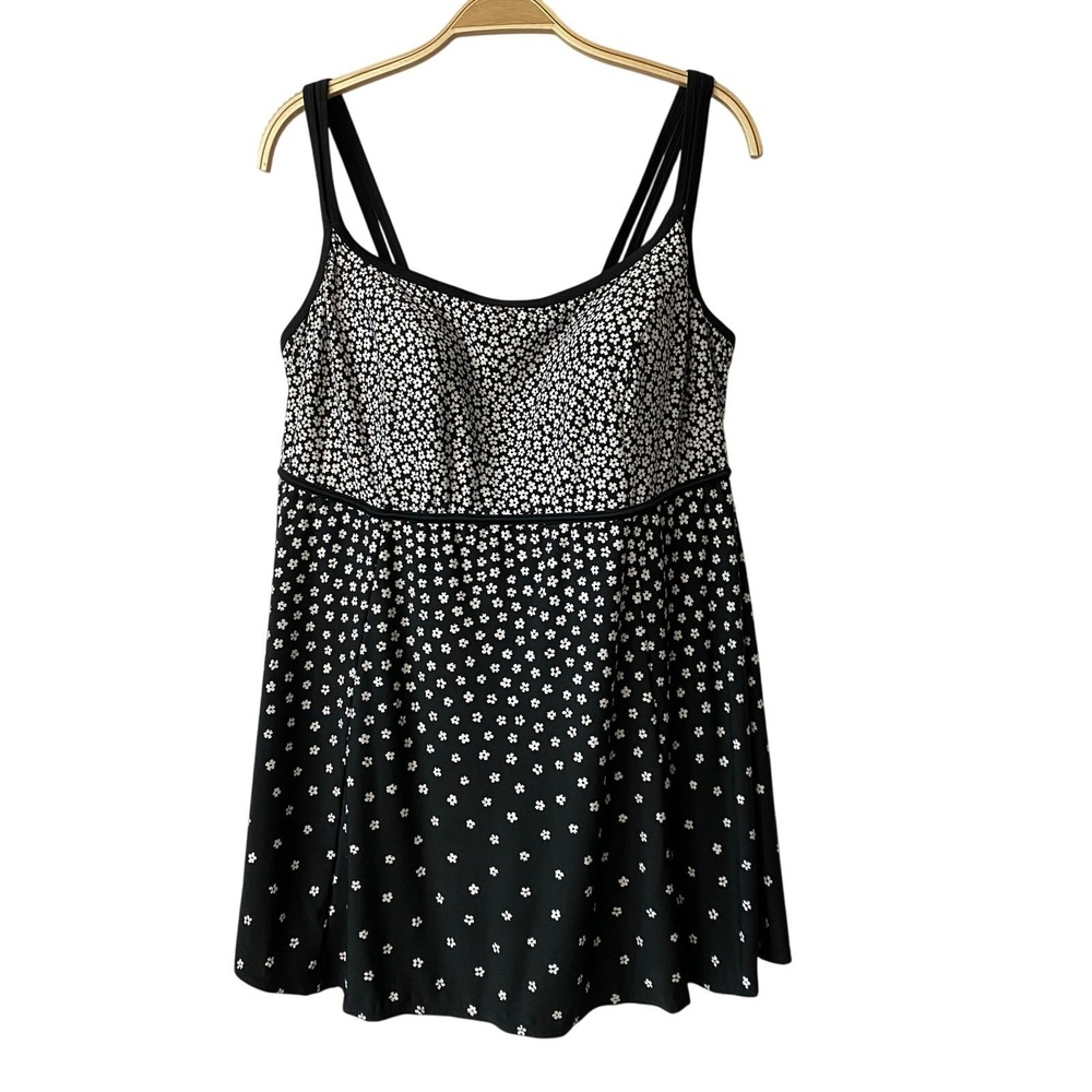 Le Cove Ditsy Floral One Piece Swimsuit Swim Dress Women 20W Black White Beach